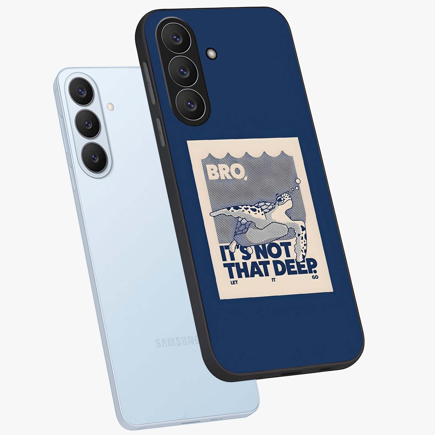 Worry Less Swim Glass Case displayed in angled mockup highlighting fun typography design with relaxed aesthetic style.