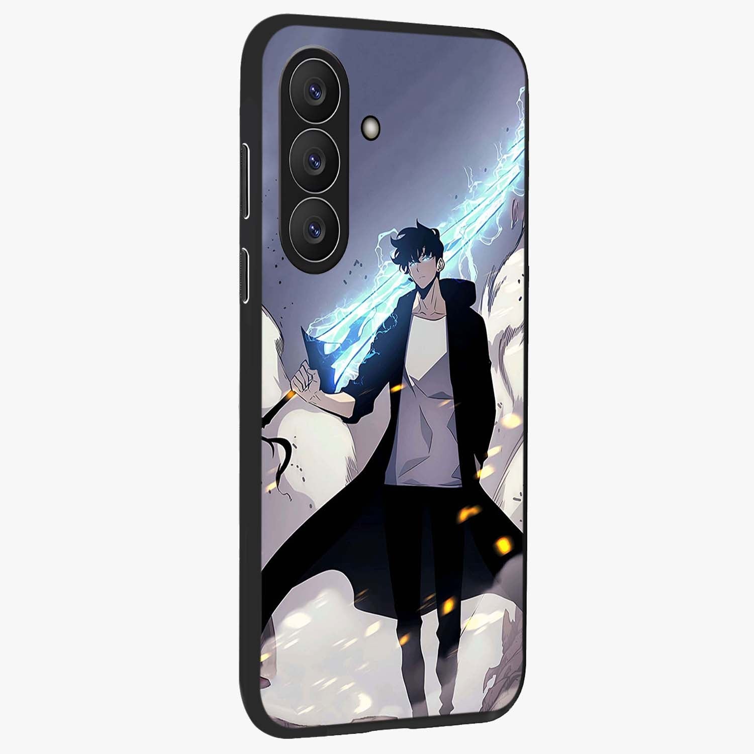 Dark Lightning Anime Warrior Glass Case upright view showcasing dramatic warrior artwork with dark lightning aesthetic.