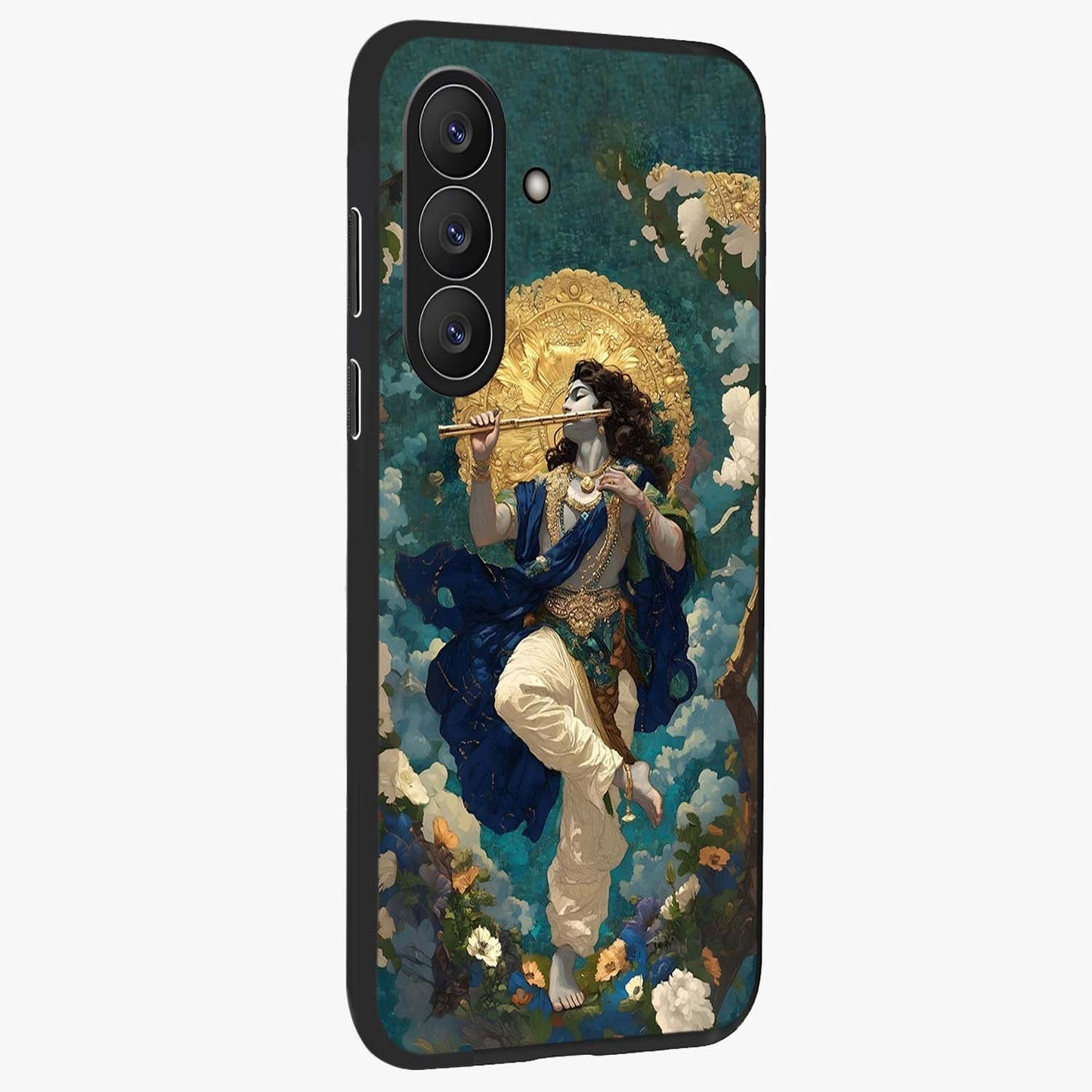 Divine Krishna Art Glass Case upright view showcasing divine Krishna artwork with sacred artistic theme.