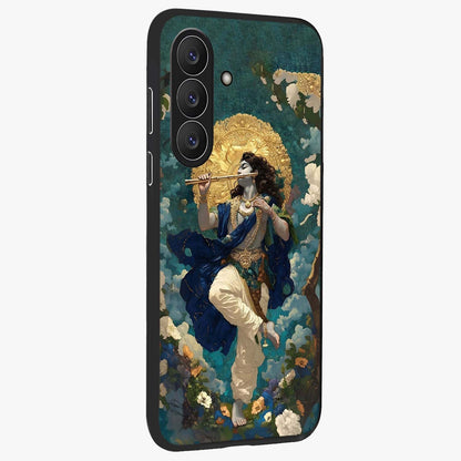 Divine Krishna Art Glass Case upright view showcasing divine Krishna artwork with sacred artistic theme.