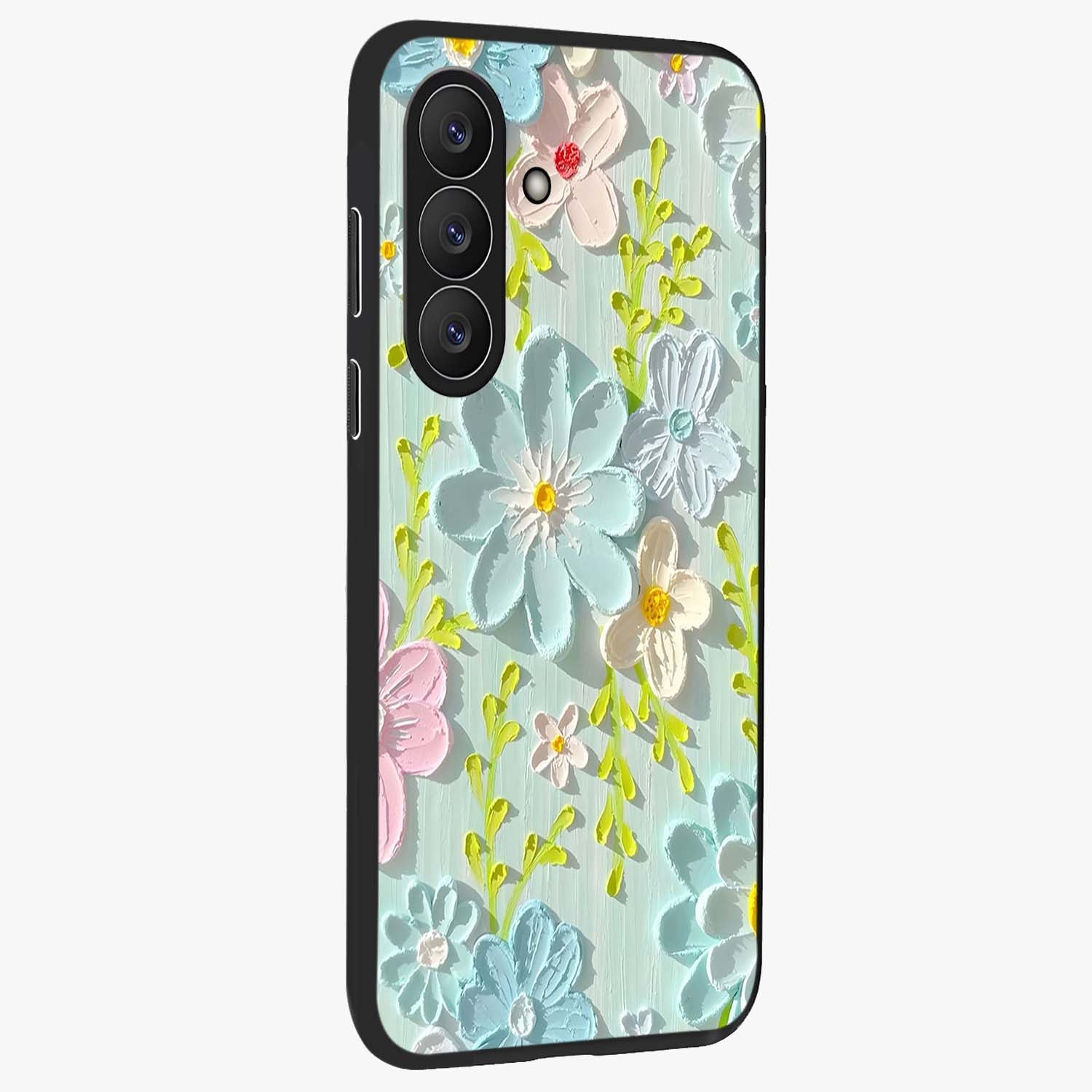 Frosted Petal Garden Glass Case upright view showcasing elegant floral garden artwork with soothing pastel theme.