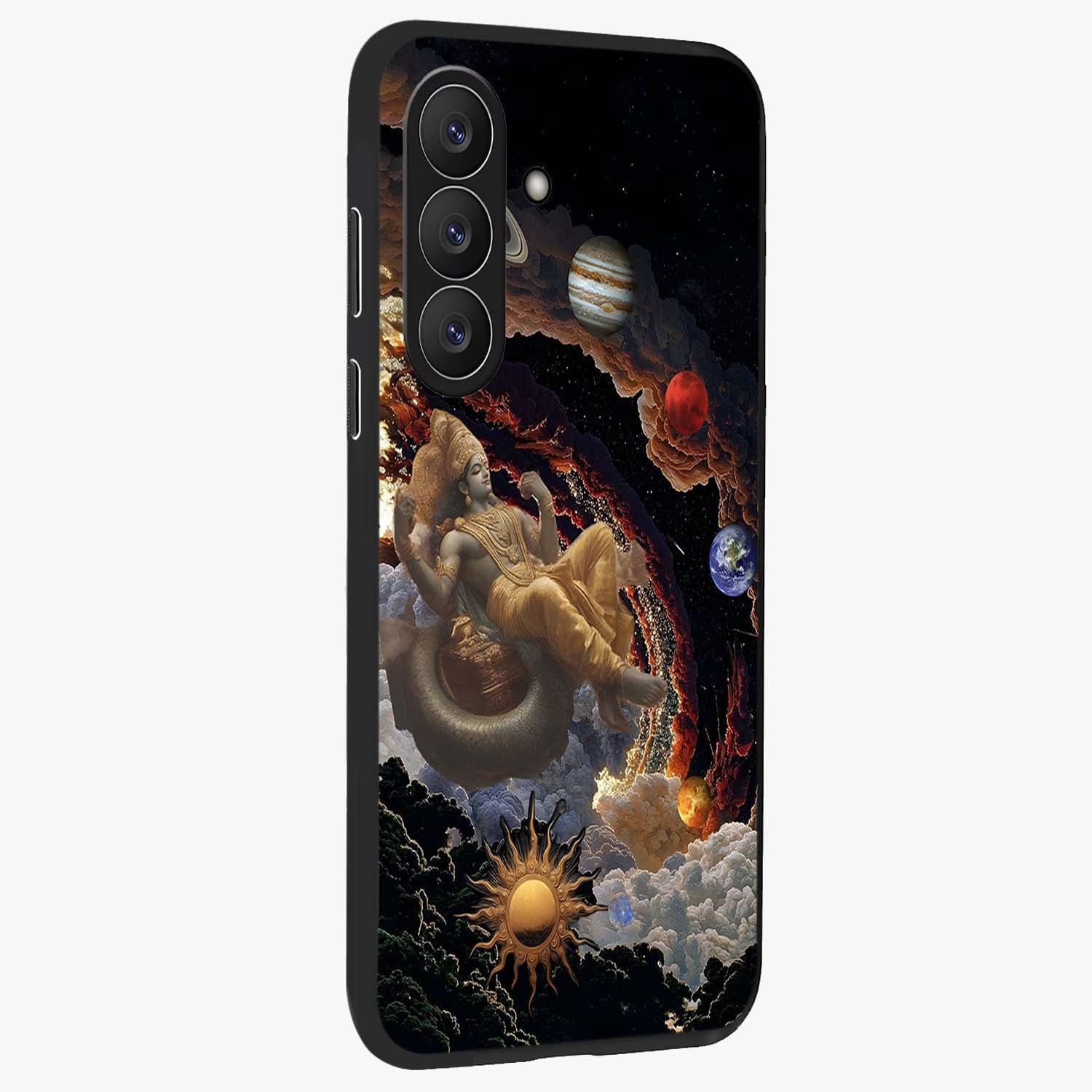 Galactic Divine God Glass Case upright view showcasing mystical divine artwork with dramatic cosmic theme.