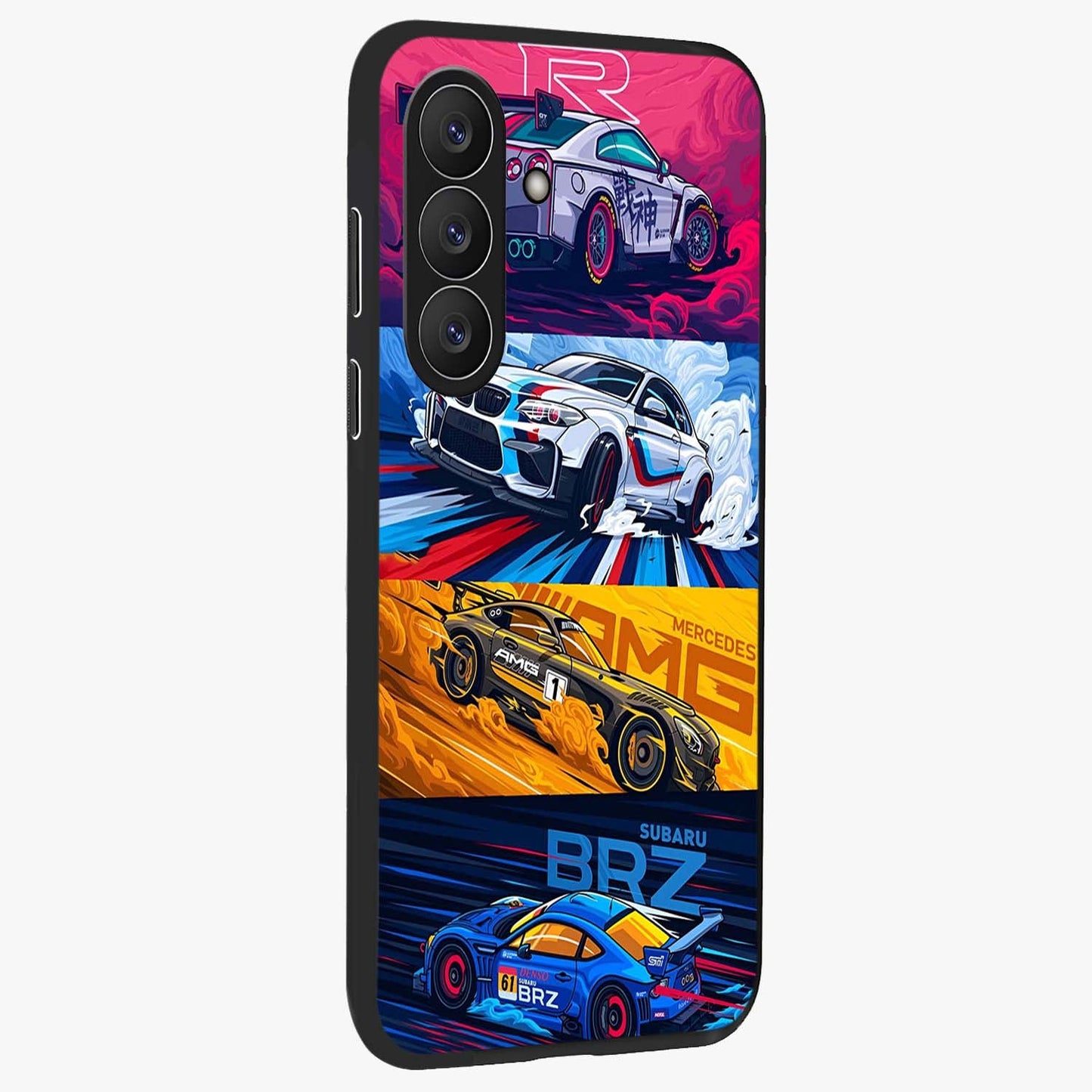 JDM Sports Car Glass Case upright view showcasing dynamic sports car artwork with bold racing theme.