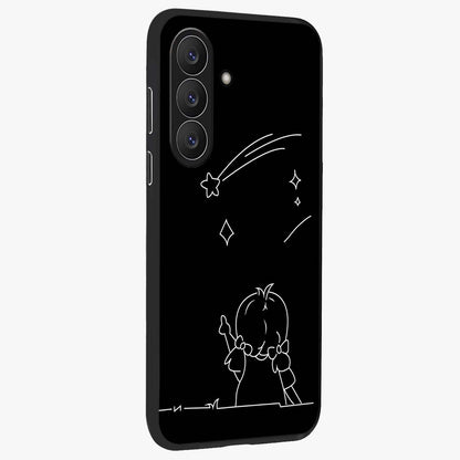Line Art Girl With Shooting Stars Glass Case upright view showcasing delicate shooting stars artwork with minimal artistic theme.