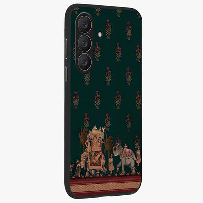 Macmerise Glass Case upright view showcasing bold artistic artwork with contemporary design theme.