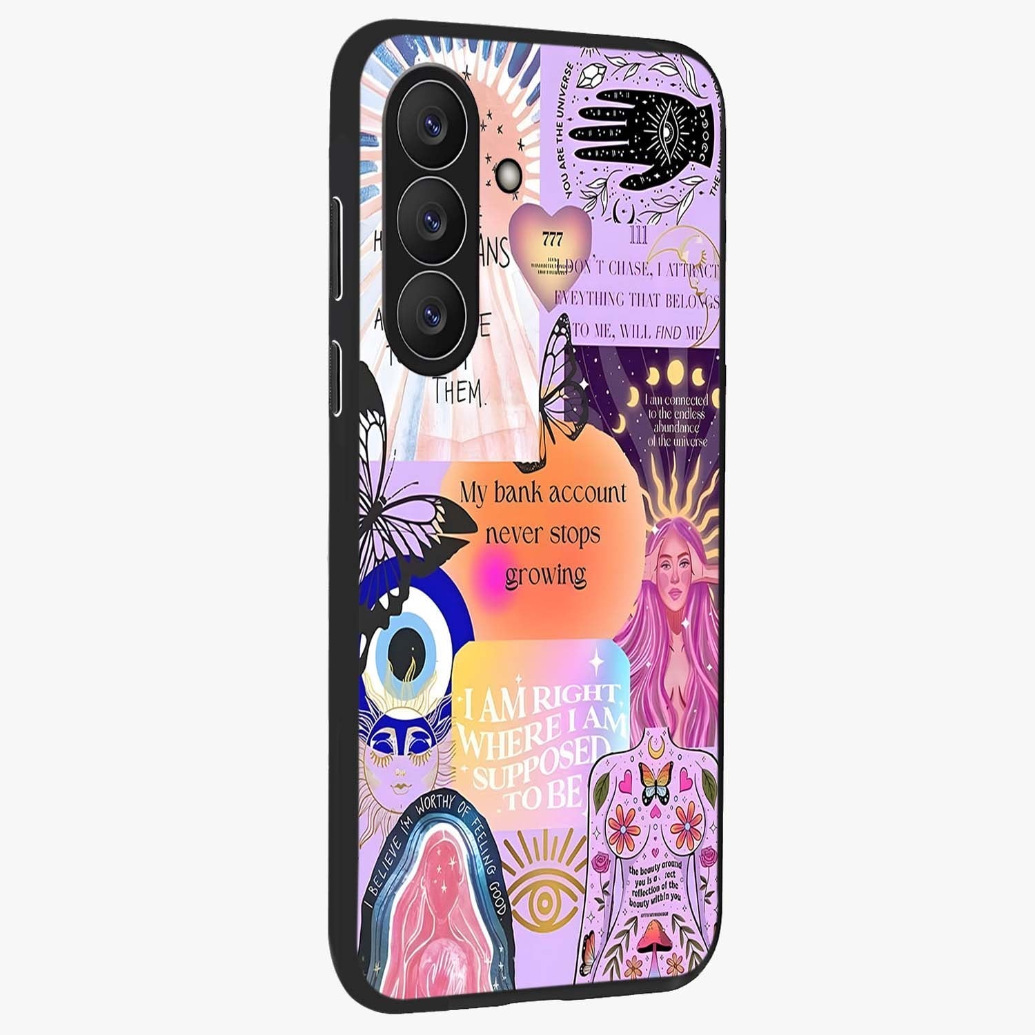 Manifestation Collage Glass Case upright view showcasing artistic manifestation themed artwork with creative style.