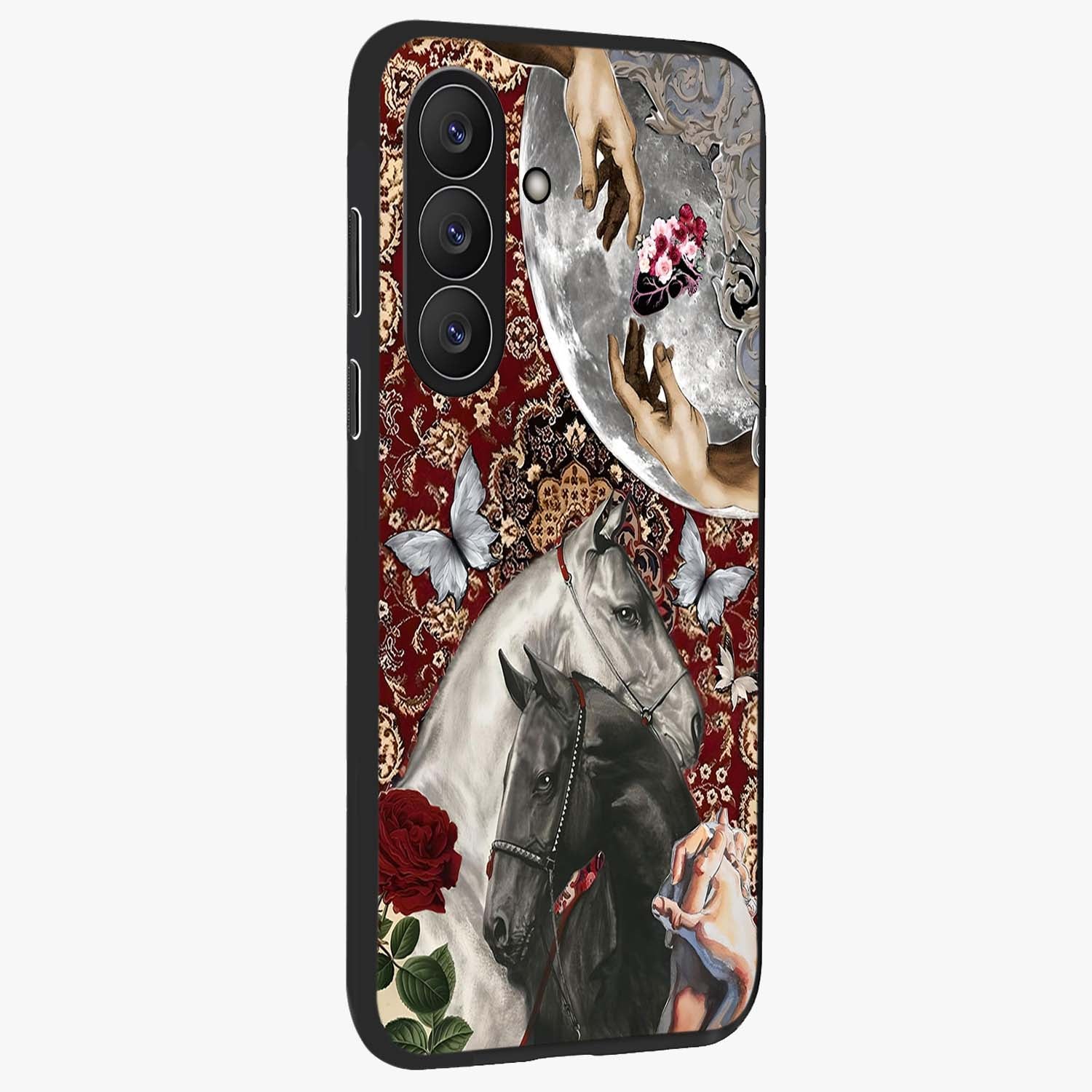 Moonlit Royal Stallion Glass Case upright view showcasing dramatic horse artwork with glowing moon themed design.