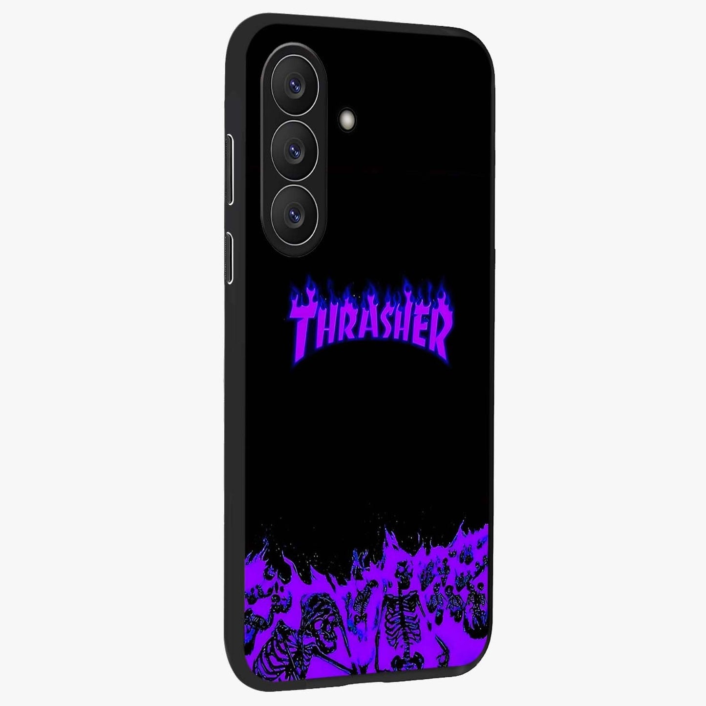 Neon Flame Riot Glass Case upright view showcasing dynamic flame artwork with energetic neon theme.