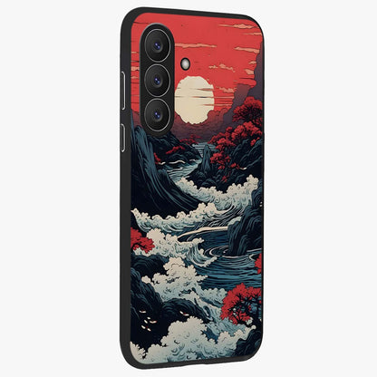 Red Sunset Scenery Glass Case upright view showcasing dramatic sunset scenery artwork with warm nature theme.