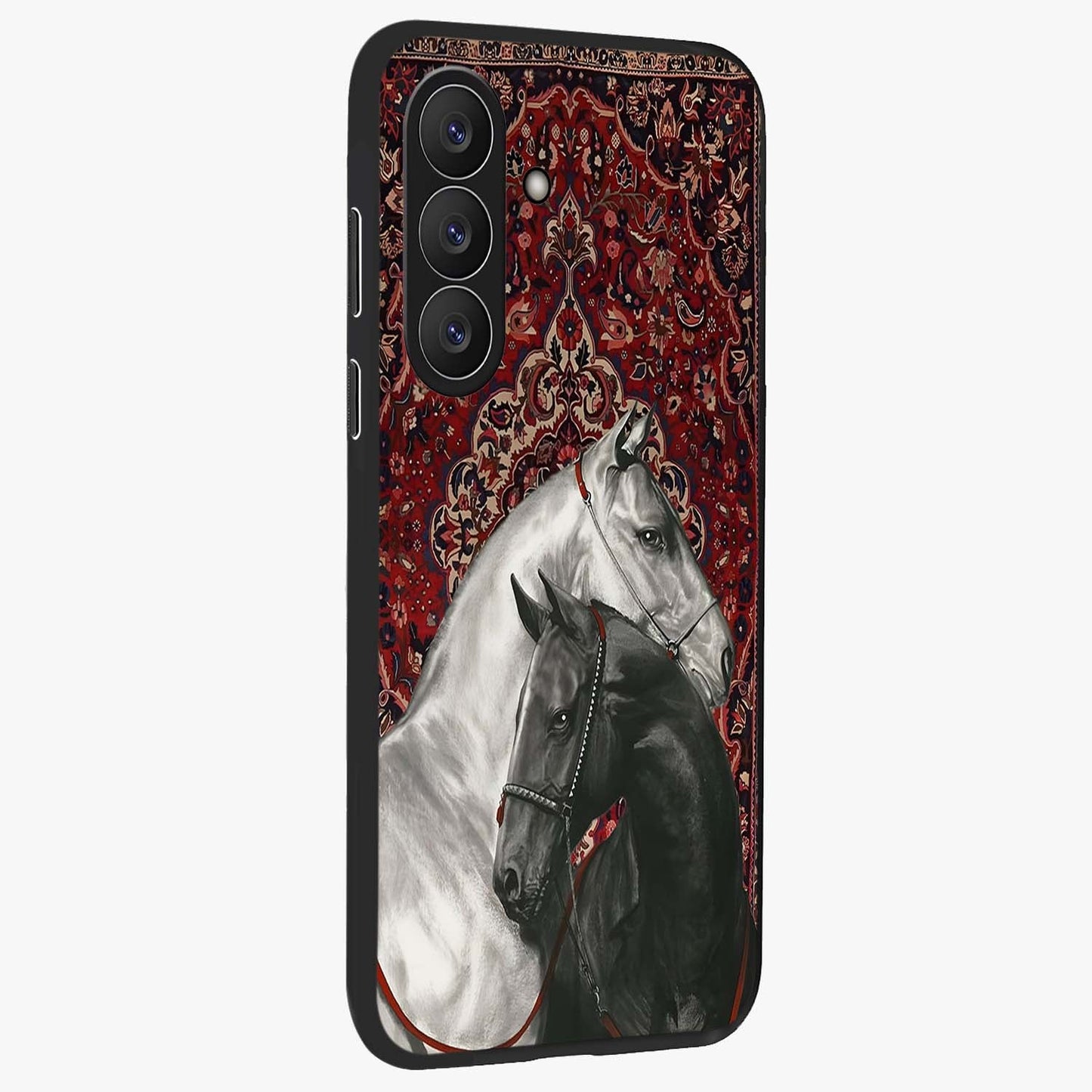 Regal Stallion Tapestry Glass Case upright view showcasing powerful horse artwork with elegant tapestry theme.