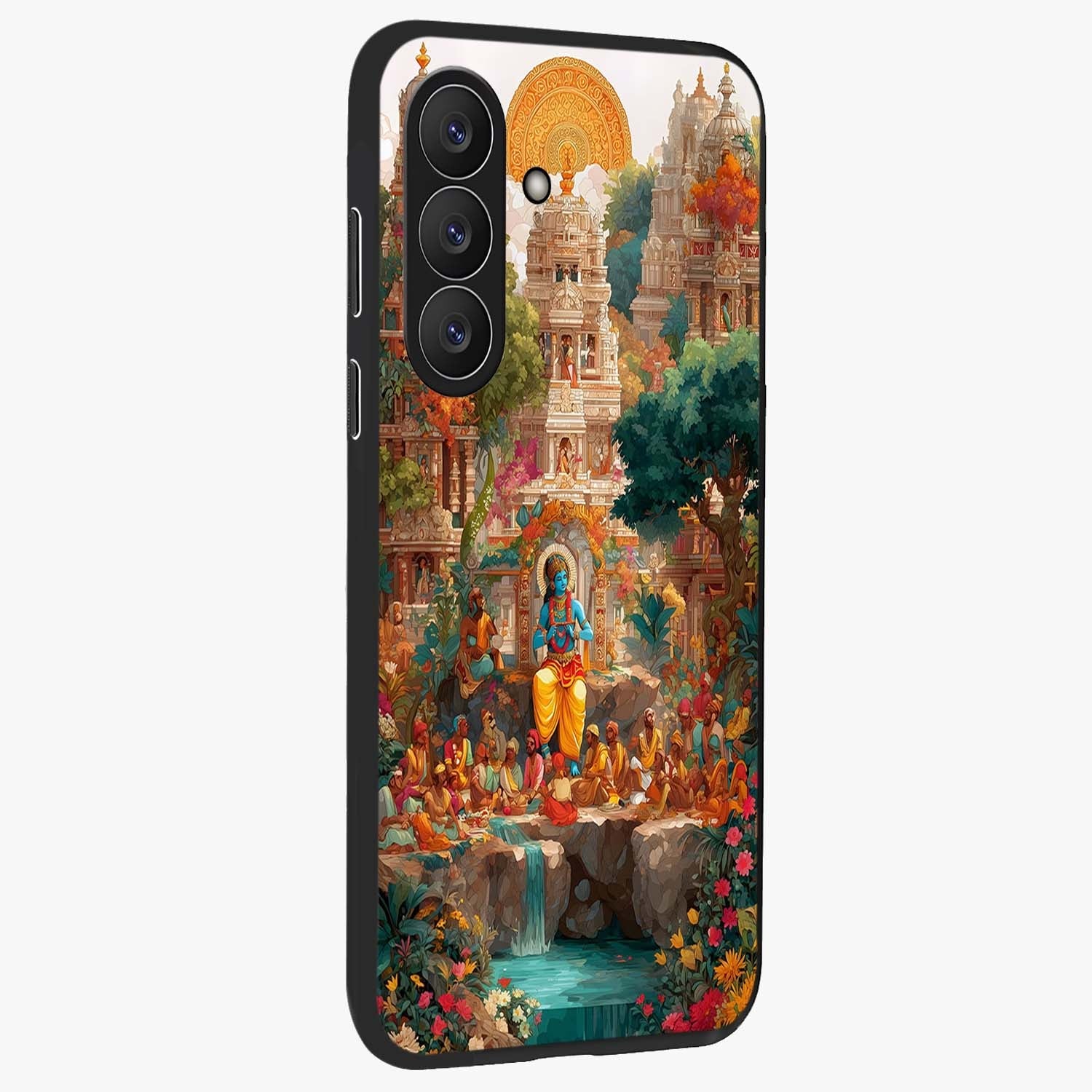 Sacred Sunlight Gods Glass Case upright view showcasing glowing divine artwork with sacred mythological theme.