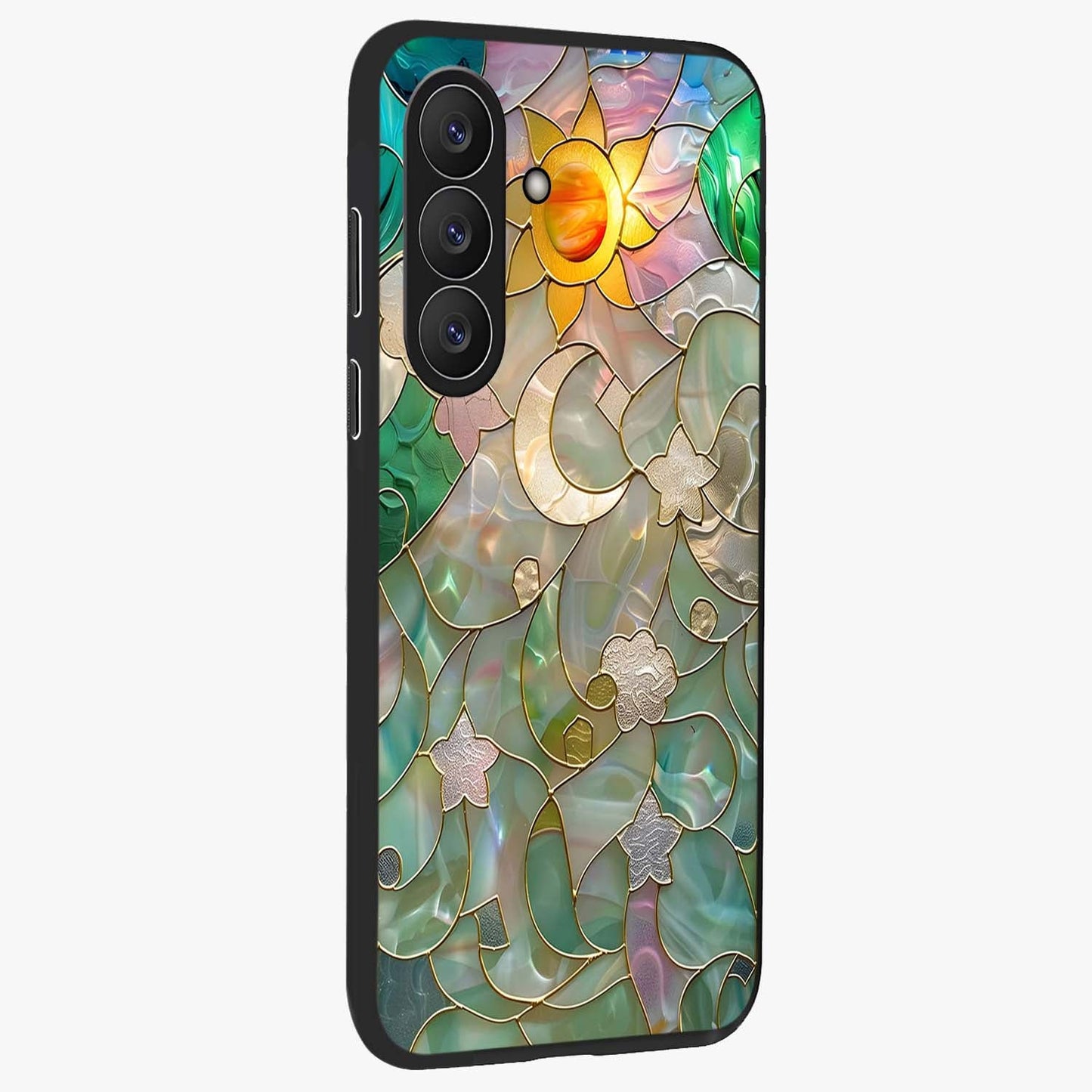 Stained Sunrise Glow Glass Case upright view showcasing colorful sunrise artwork with warm morning theme.