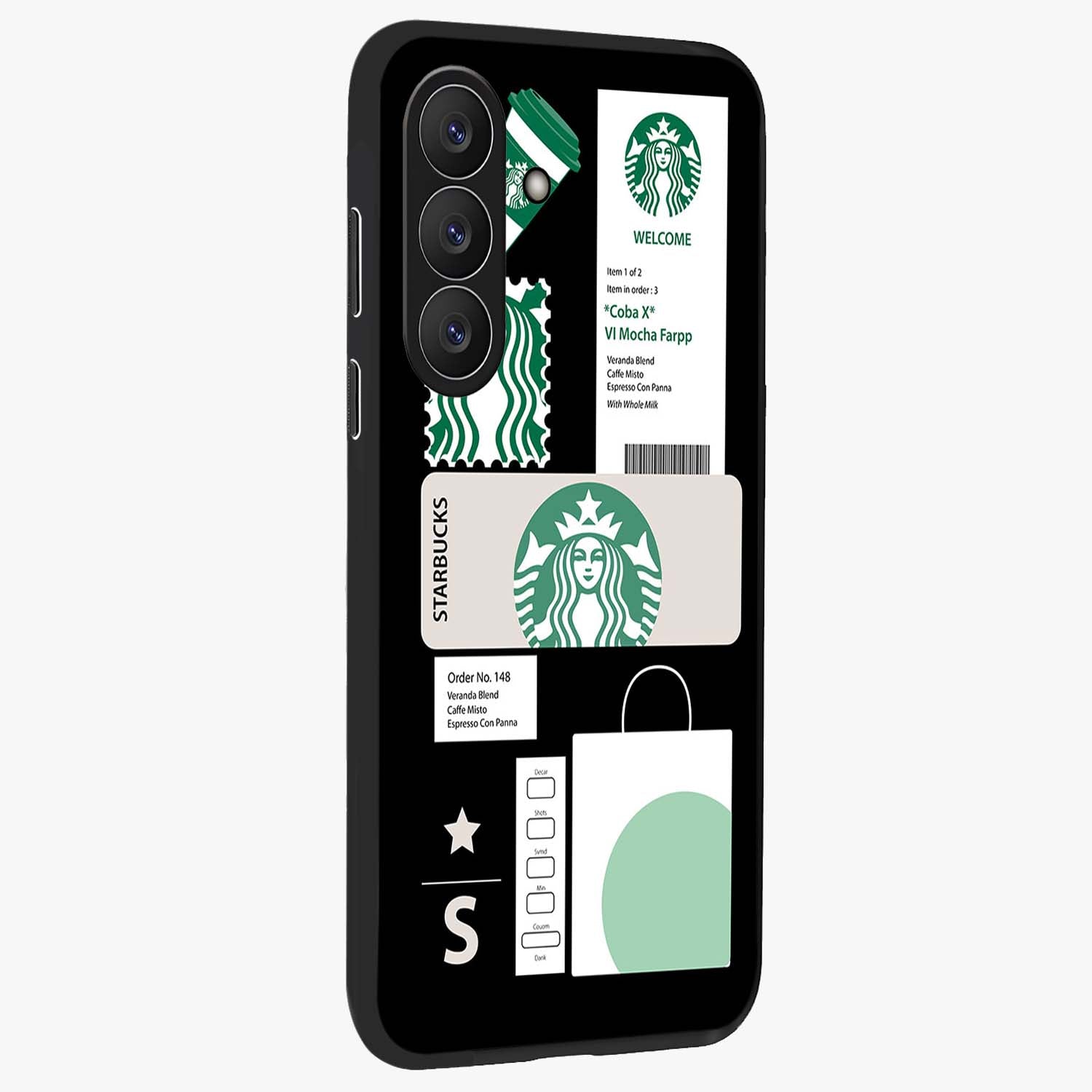 Starbucks Mocha Glass Case upright view showcasing trendy coffee inspired artwork with modern lifestyle theme.