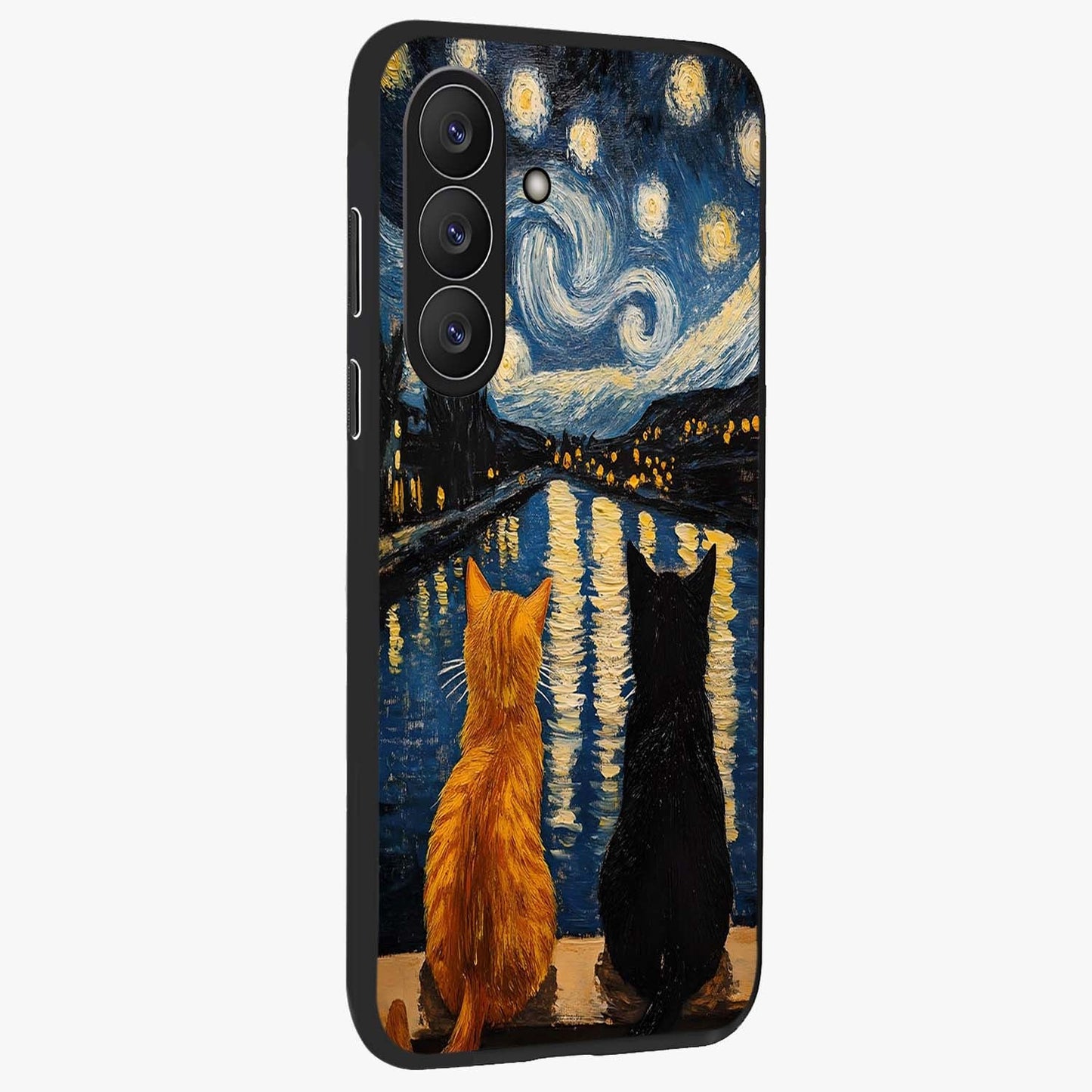 Starry River Cats Glass Case upright view showcasing adorable cat artwork with magical river and stars theme.