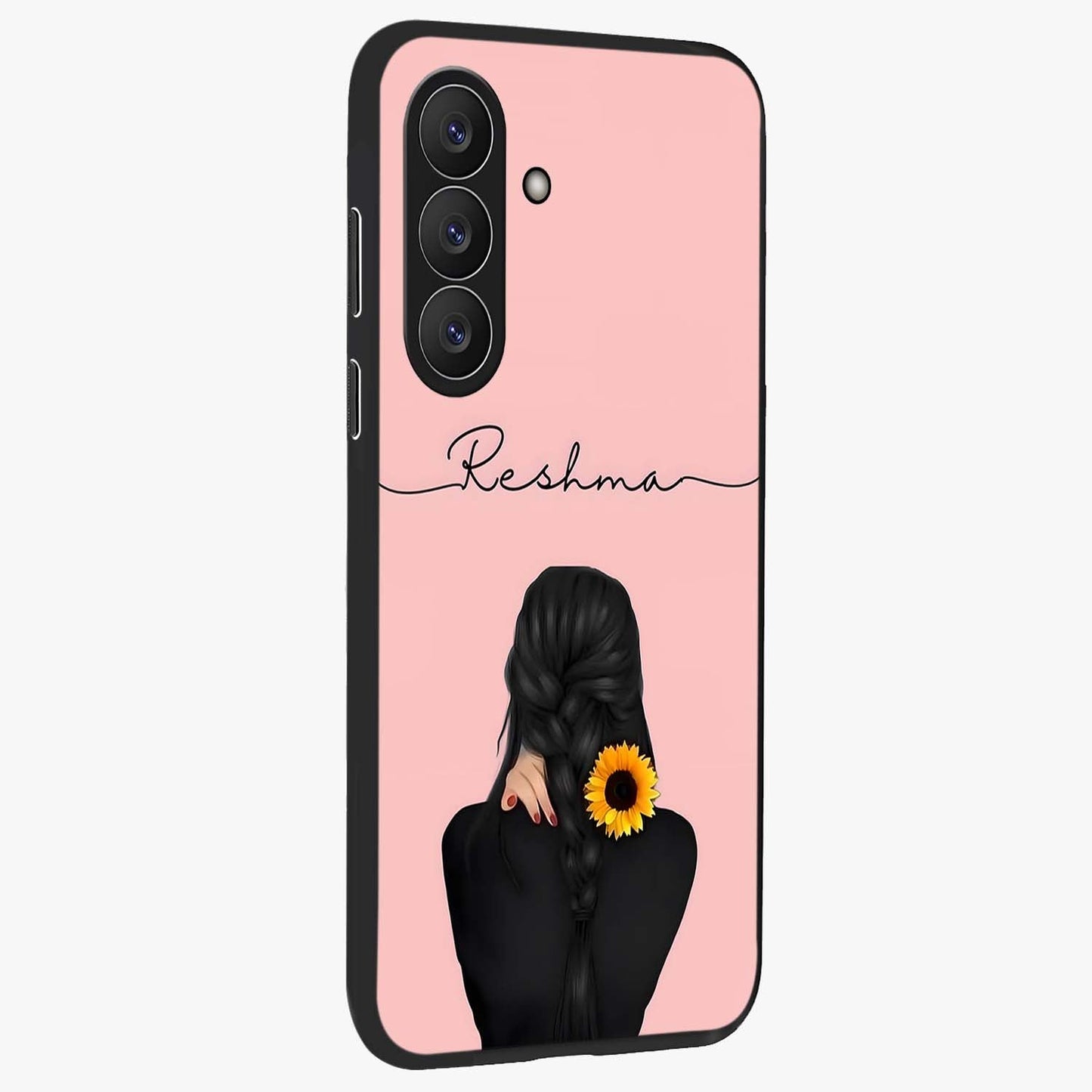 Sunflower Braid Beauty With Custom Name Glass Case upright view showcasing bright sunflower artwork with personalized floral aesthetic.