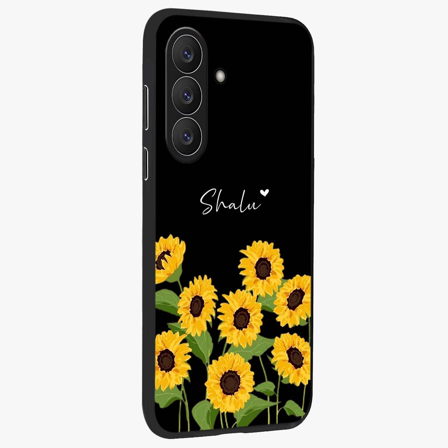 Sunflower Chic Mood Custom Name Glass Case upright view showcasing cheerful sunflower artwork with trendy floral theme.