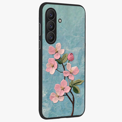 Threaded Blossom Breeze Glass Case upright view showcasing graceful flower artwork with calm botanical theme.