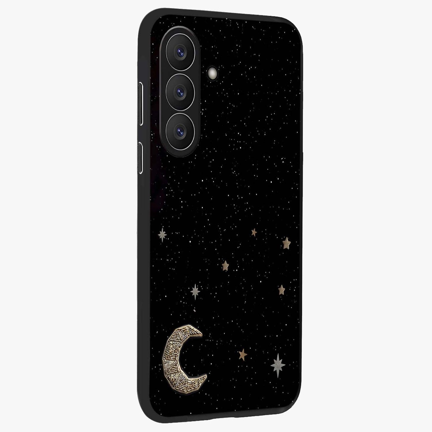 Twinkle Star With Half Moon Glass Case upright view showcasing glowing cosmic artwork with dreamy night theme.