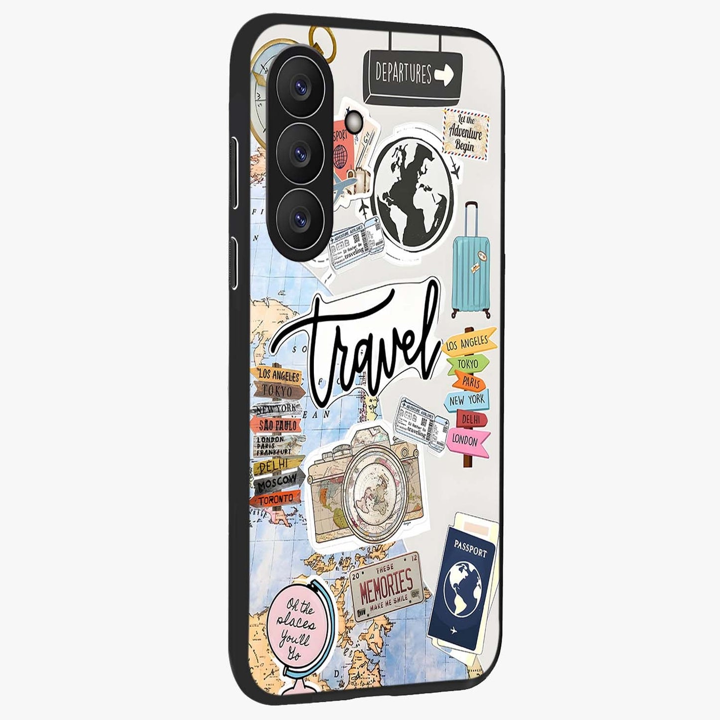 Wanderlust Journal Glass Case upright view showcasing wanderlust inspired artwork with creative exploration theme.