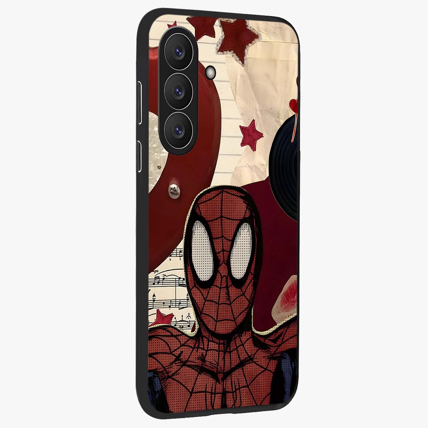 Web Warrior Vibes Glass Case upright view showcasing energetic superhero artwork with bold action theme.