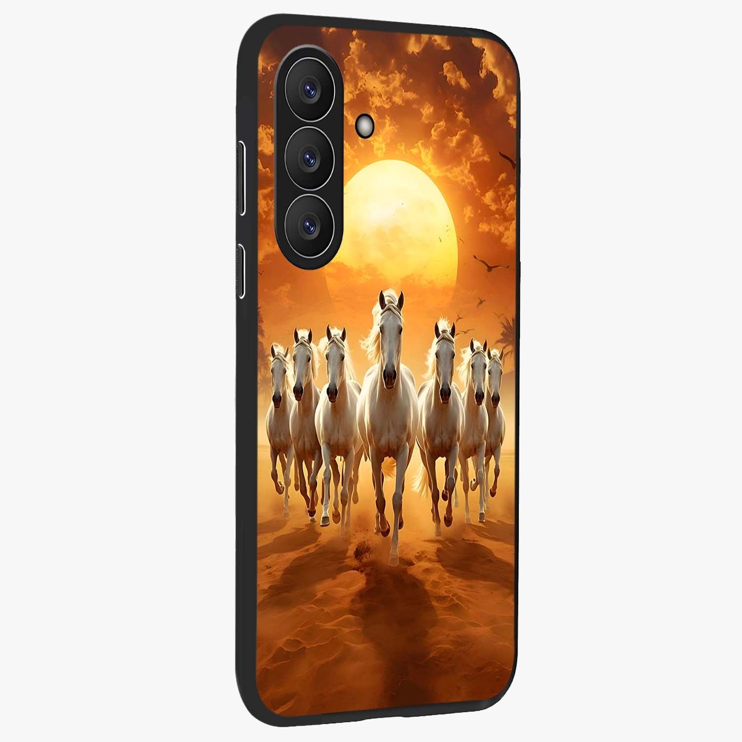 Wild Sunset Majesty Glass Case upright view showcasing dramatic sunset artwork with bold nature theme.