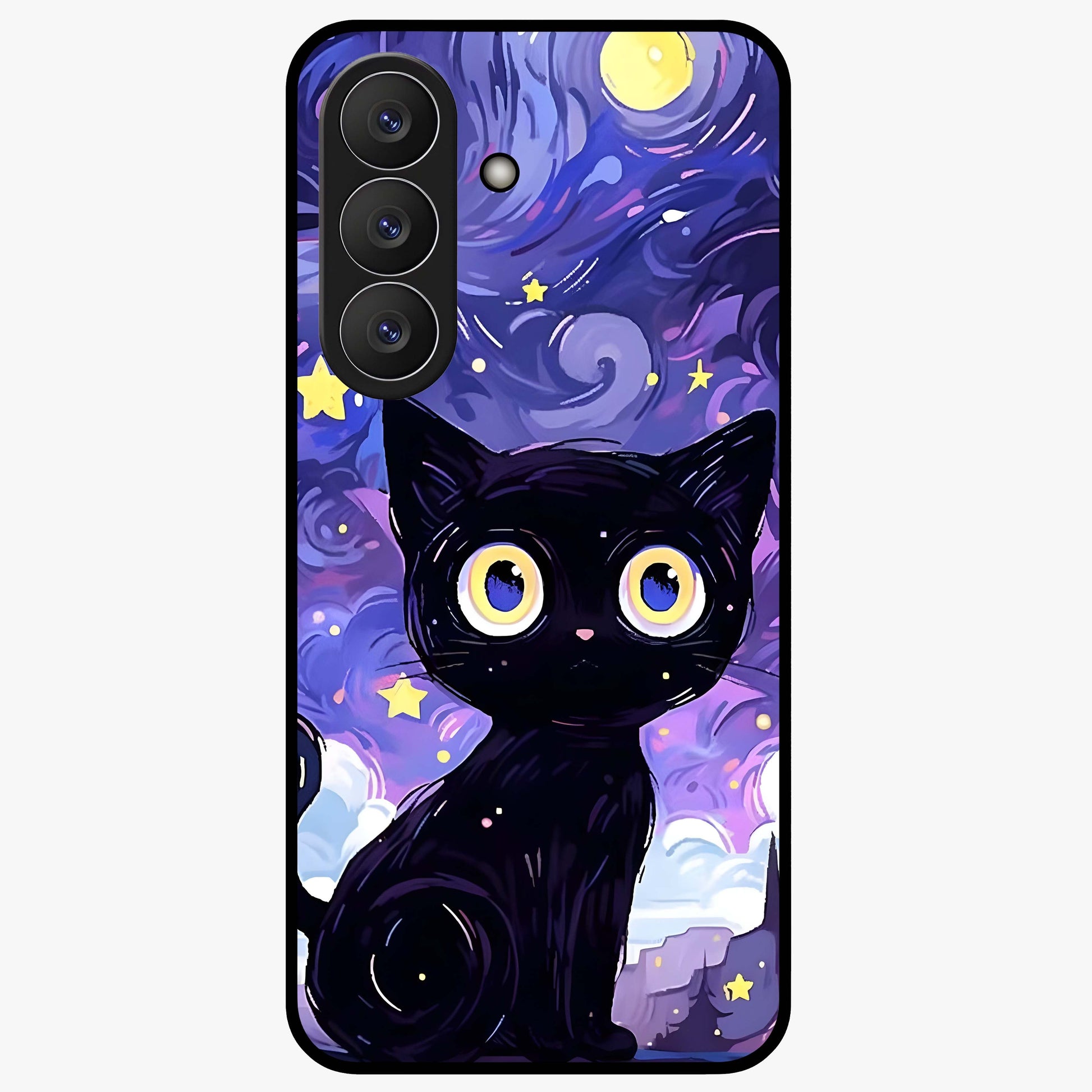 Abstract Cat Art Glass Case showing flat back view with artistic cat illustration and glossy glass finish.