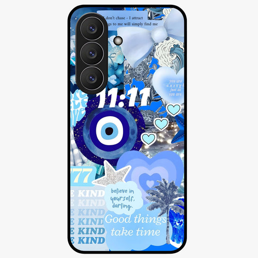 Aesthetic Be Kind Eye Glass Case showing flat back view with motivational eye artwork and glossy glass finish.