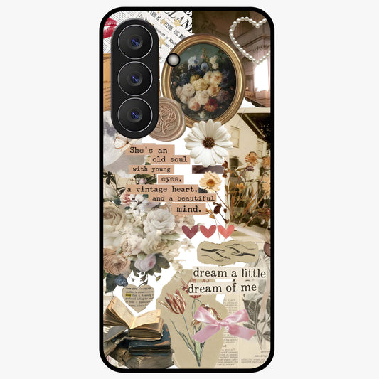 Aesthetic Brown Vintage Collage Glass Case showing flat back view with retro collage artwork and glossy glass finish.