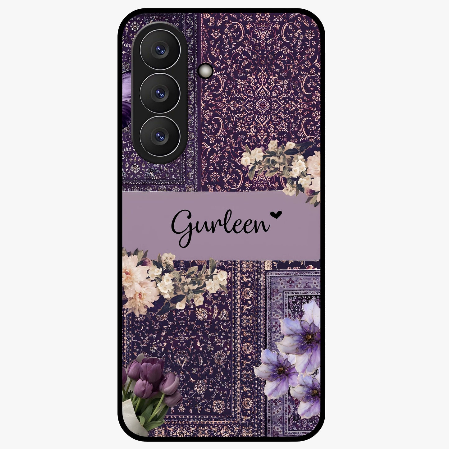 Antique Floral Whisper Custom Name Glass Case showing flat back view with vintage floral artwork and personalized name design.