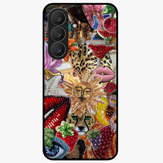 Beaded Fashion Jungle Glass Case showing flat back view with vibrant jungle inspired bead artwork and glossy glass finish.