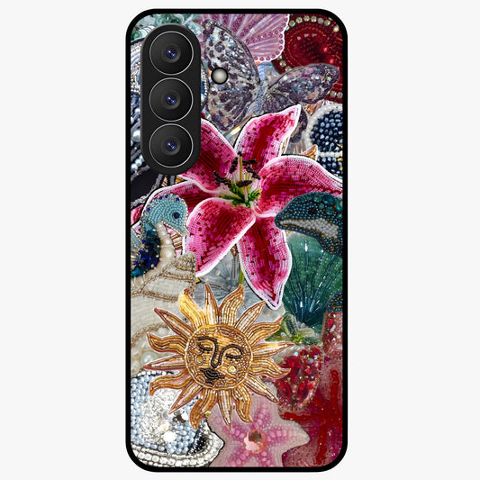 Beaded Garden Fantasy Glass Case showing flat back view with dreamy garden bead artwork and glossy glass finish.