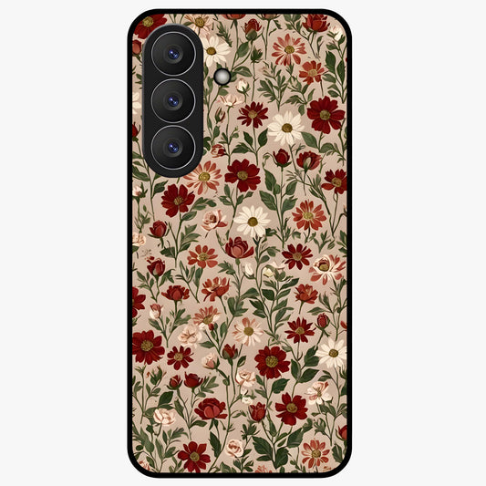 Biege Flower With Leaf Glass Case showing flat back view with soft beige floral artwork and glossy glass finish.