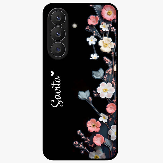 Black Elegance Floral Custom Name Glass Case showing flat back view with elegant floral artwork and personalized name design.