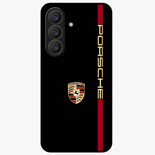 Black Minimal Porsche Glass Case showing flat back view with sleek minimal sports car artwork and glossy glass finish.