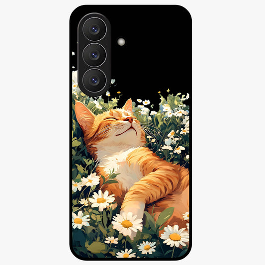 Blissful Bloom Cat Glass Case showing flat back view with cute cat and floral bloom artwork and glossy glass finish.