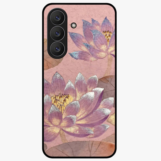 Blossom Mist Lotus Glass Case showing flat back view with serene lotus blossom artwork and glossy glass finish.