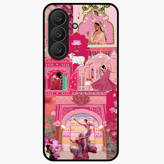 Blossoms of Rajasthan Glass Case showing flat back view with traditional floral artwork inspired by Rajasthan and glossy glass finish.