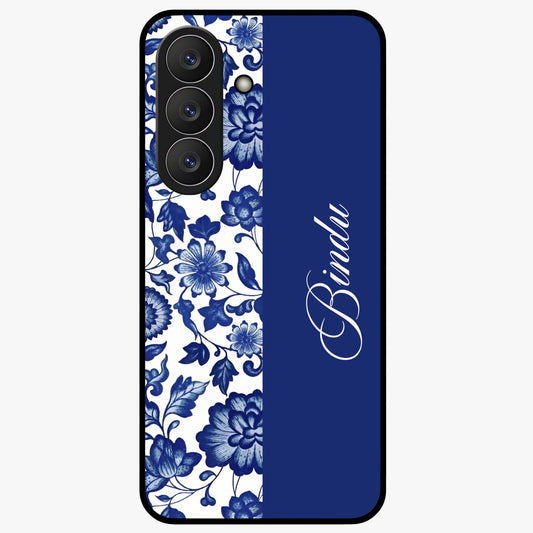 Blue Vintage Floral Pattern Glass Case upright view showcasing timeless floral illustration with vintage inspired style.