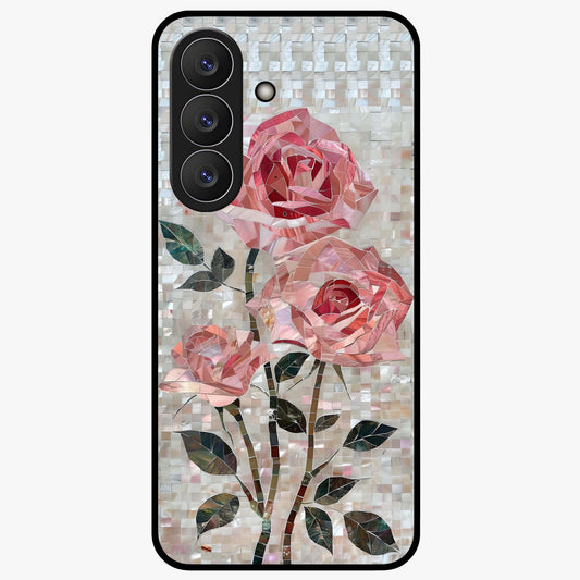 Blush Mosaic Bloom Glass Case showing flat back view with mosaic floral bloom artwork and glossy glass finish.