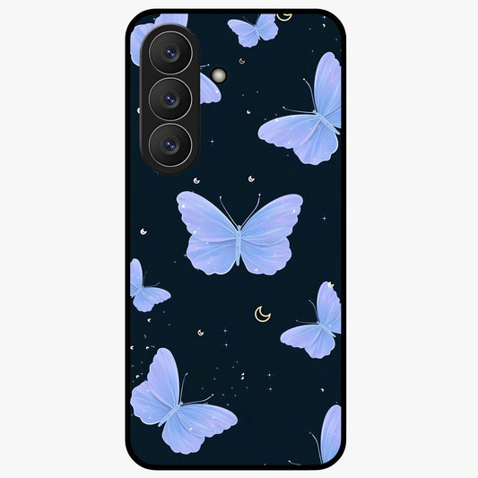 Butterfly With Stars Pattern Glass Case showing flat back view with butterfly and star pattern artwork and glossy glass finish.