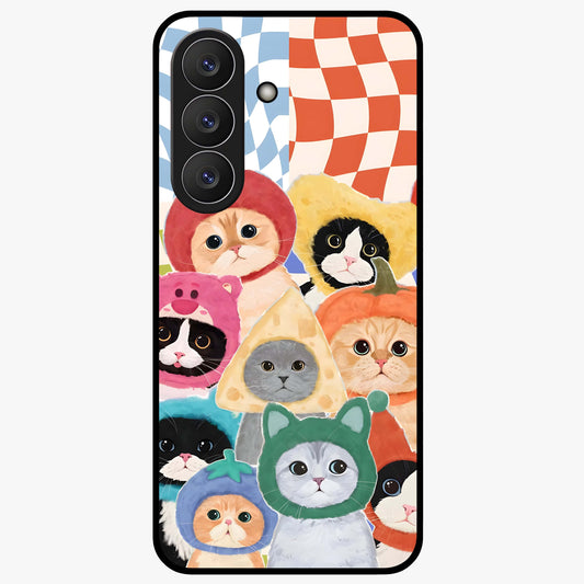 Cats in Fruits Glass Case showing flat back view with playful cat illustrations inside fruit artwork and glossy glass finish.