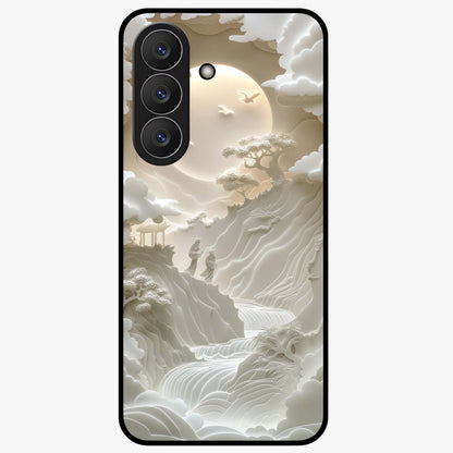 Celestial Origami Glass Case showing flat back view with artistic origami inspired celestial artwork and glossy glass finish.