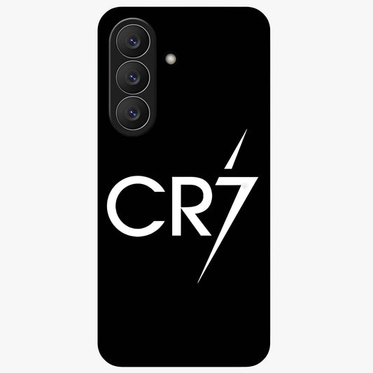 Cr7 Elite Strike Glass Case showing flat back view with dynamic football inspired artwork and glossy glass finish.