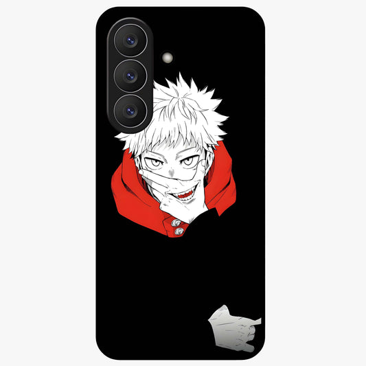 Crimson Chaos Smile Glass Case showing flat back view with bold chaotic smile artwork and glossy glass finish.