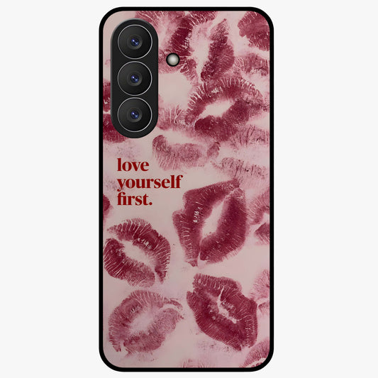 Crimson Kiss Love Glass Case showing flat back view with romantic crimson themed artwork and glossy glass finish.