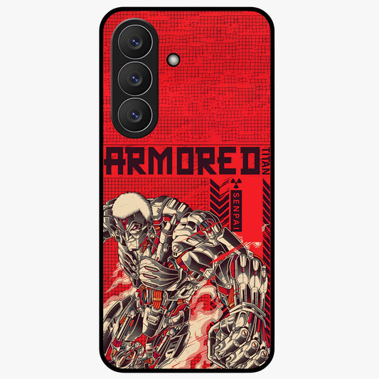 Crimson Mecha Titan Glass Case showing flat back view with powerful mech titan artwork and glossy glass finish.