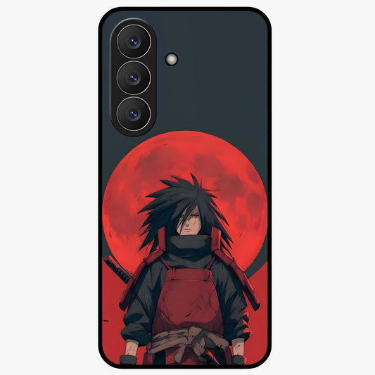 Crimson Moon Warlord Glass Case showing flat back view with mystical moon warrior artwork and glossy glass finish.