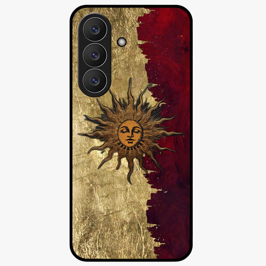 Crimson Sun Majesty Glass Case showing flat back view with radiant sun inspired artwork and glossy glass finish.