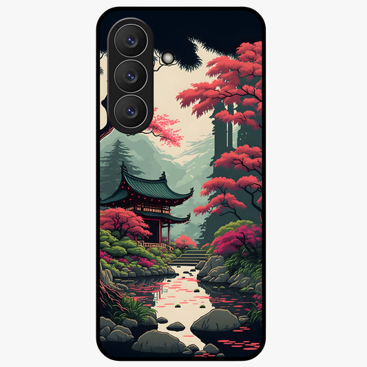 Crimson Temple View Glass Case showing flat back view with temple inspired artwork and glossy glass finish.