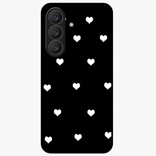 Cute And Simple White Hearts Glass Case showing flat back view with minimal white heart pattern and glossy glass finish.